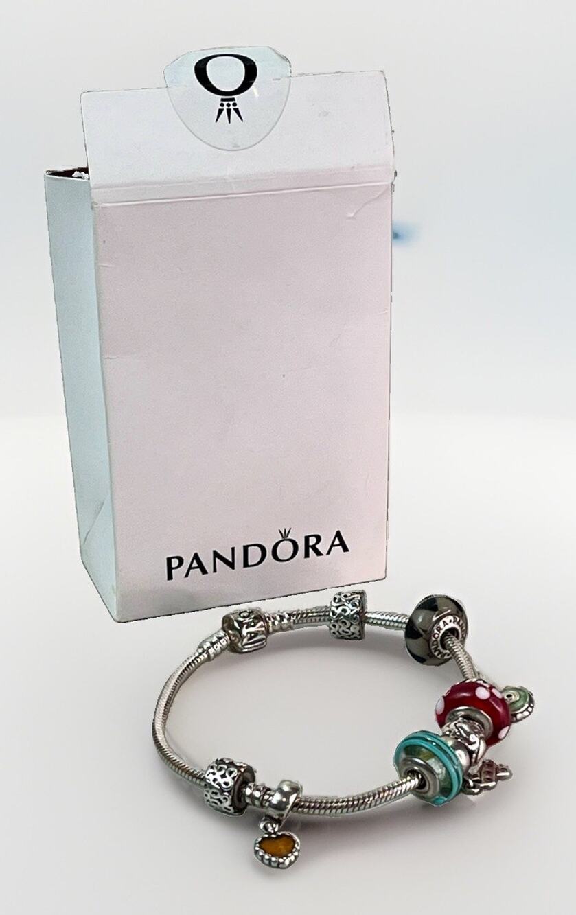 PANDORA Sterling Silver Snake Chain Bracelet Barrel Clasp w/ 9 Charms & Divider